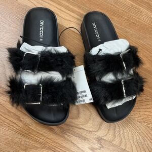 H&M Divided Slides Sandals Black Double Fur Straps‎ with Buckles Size 8 NEW